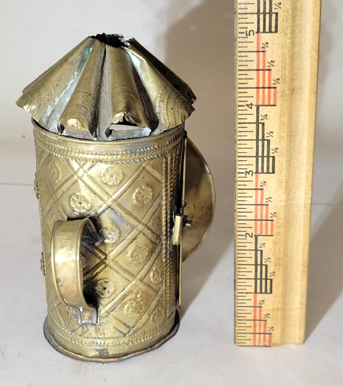 18th Century Miniature CANDLE LANTERN Punched/Stamped Brass Blown Glass Lens