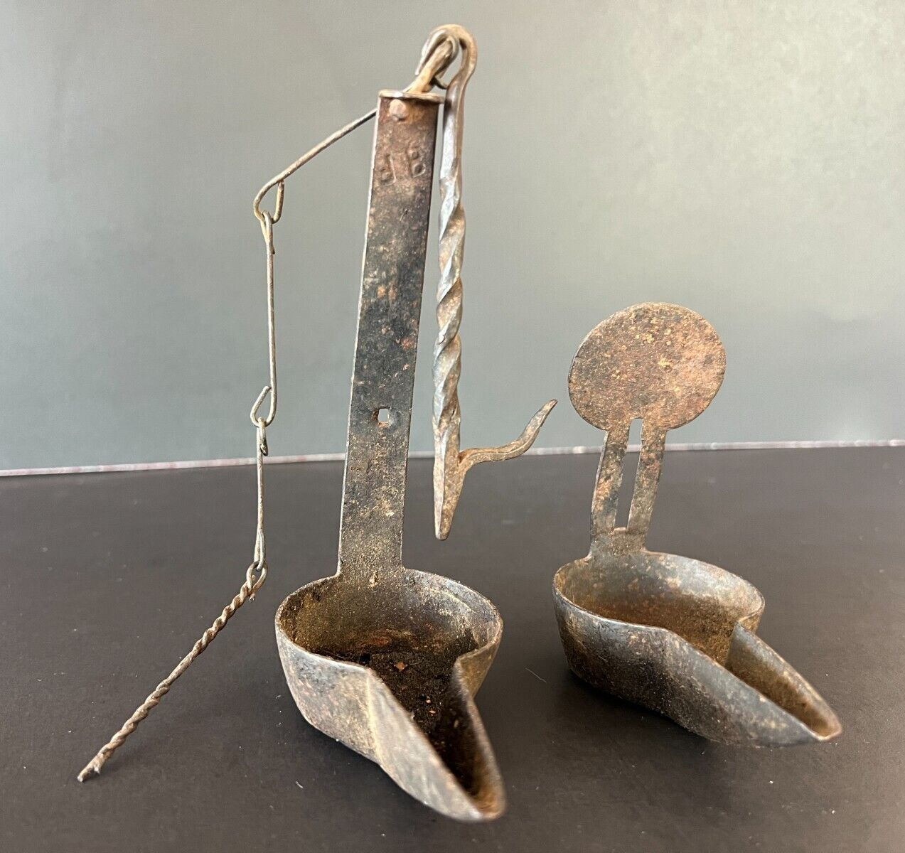 18th Century *stamped* Double Crusie Phoebe Whale Oil Grease Lamp w/ Hook & Tool