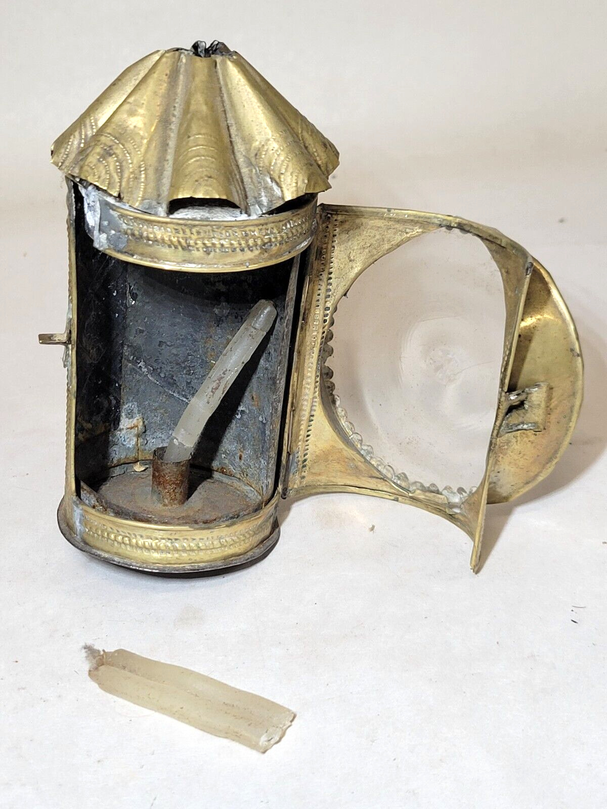 18th Century Miniature CANDLE LANTERN Punched/Stamped Brass Blown Glass Lens