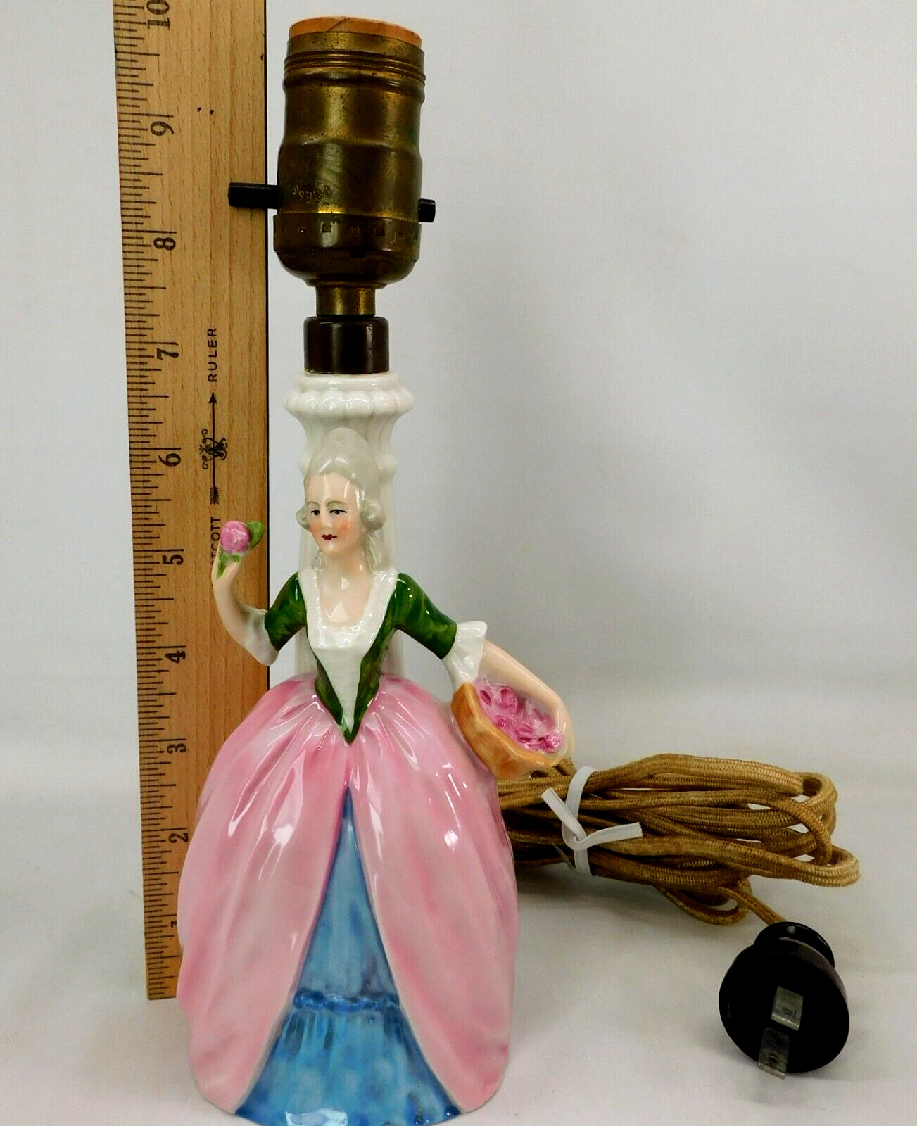 Vintage Boudoir Lamp Figural Porcelain Colonial Woman Picking Apples German 10"H