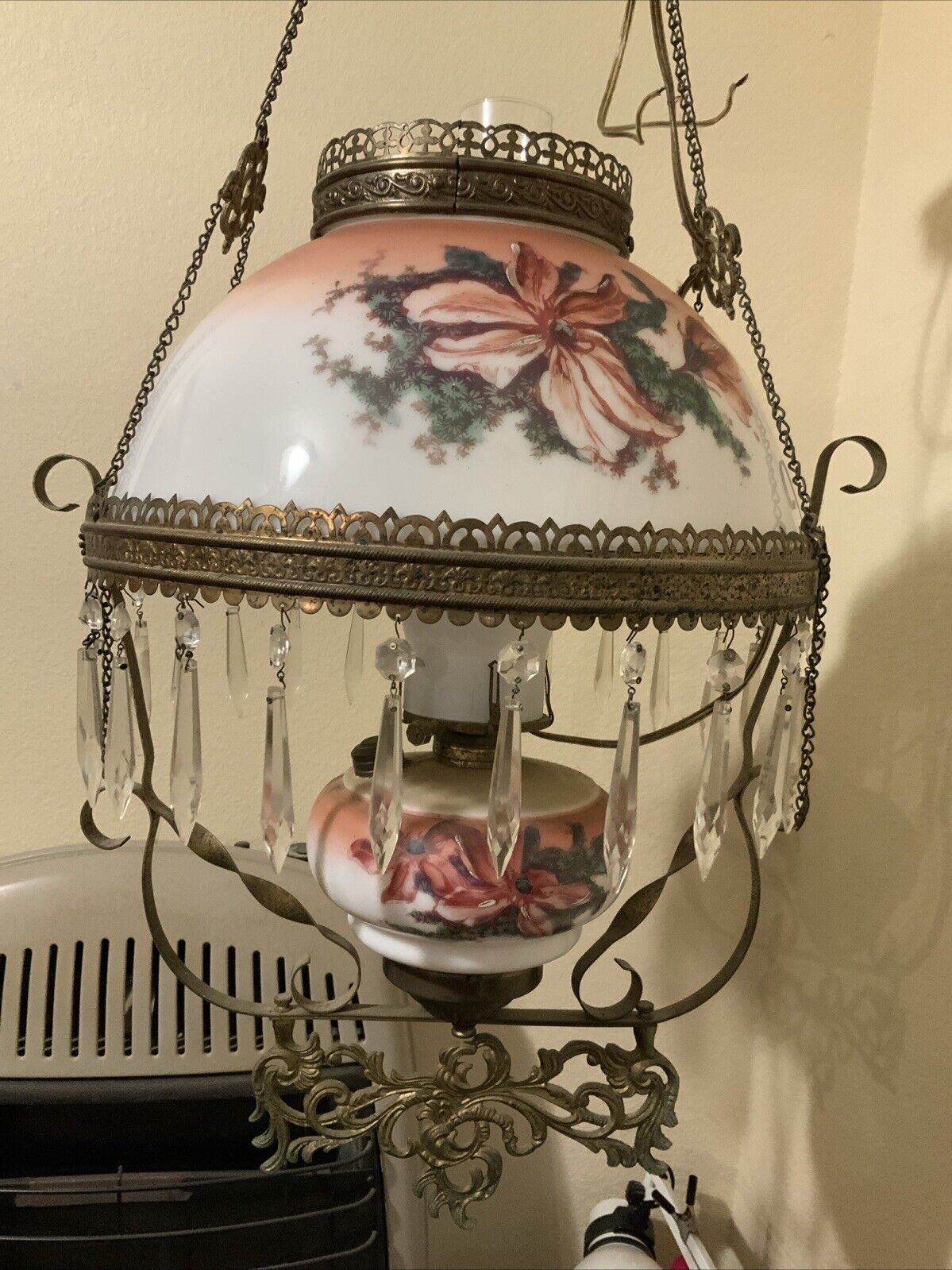 Vintage Antique Victorian Hanging Oil Parlor Library Lamp W/ Matching Font Shade