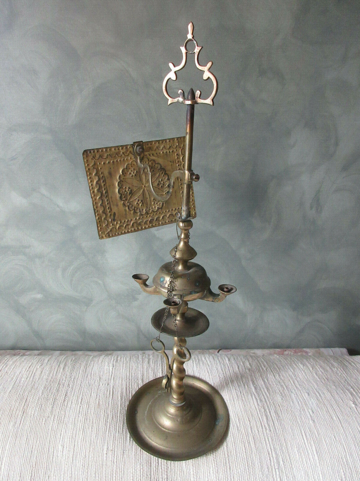 Antique Whale Oil Lamp 4-Burner & Shield 1700s Colonial Brass George II *I THINK