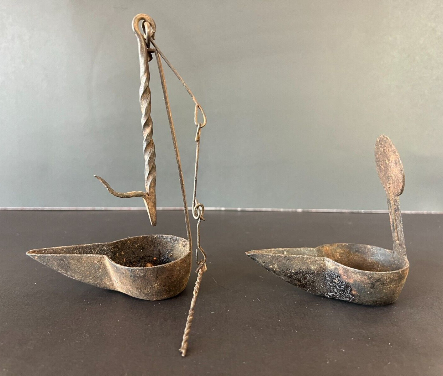 18th Century *stamped* Double Crusie Phoebe Whale Oil Grease Lamp w/ Hook & Tool