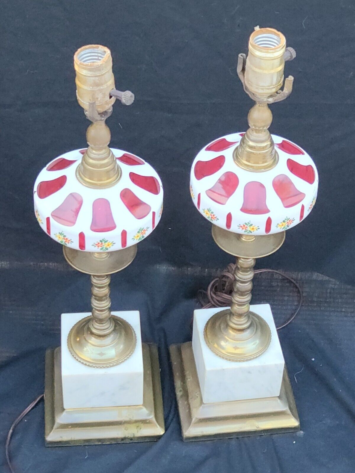 Antique Rare 1800s Boston Sandwich Moorish Cranberry Glass Overlay Oil Lamps