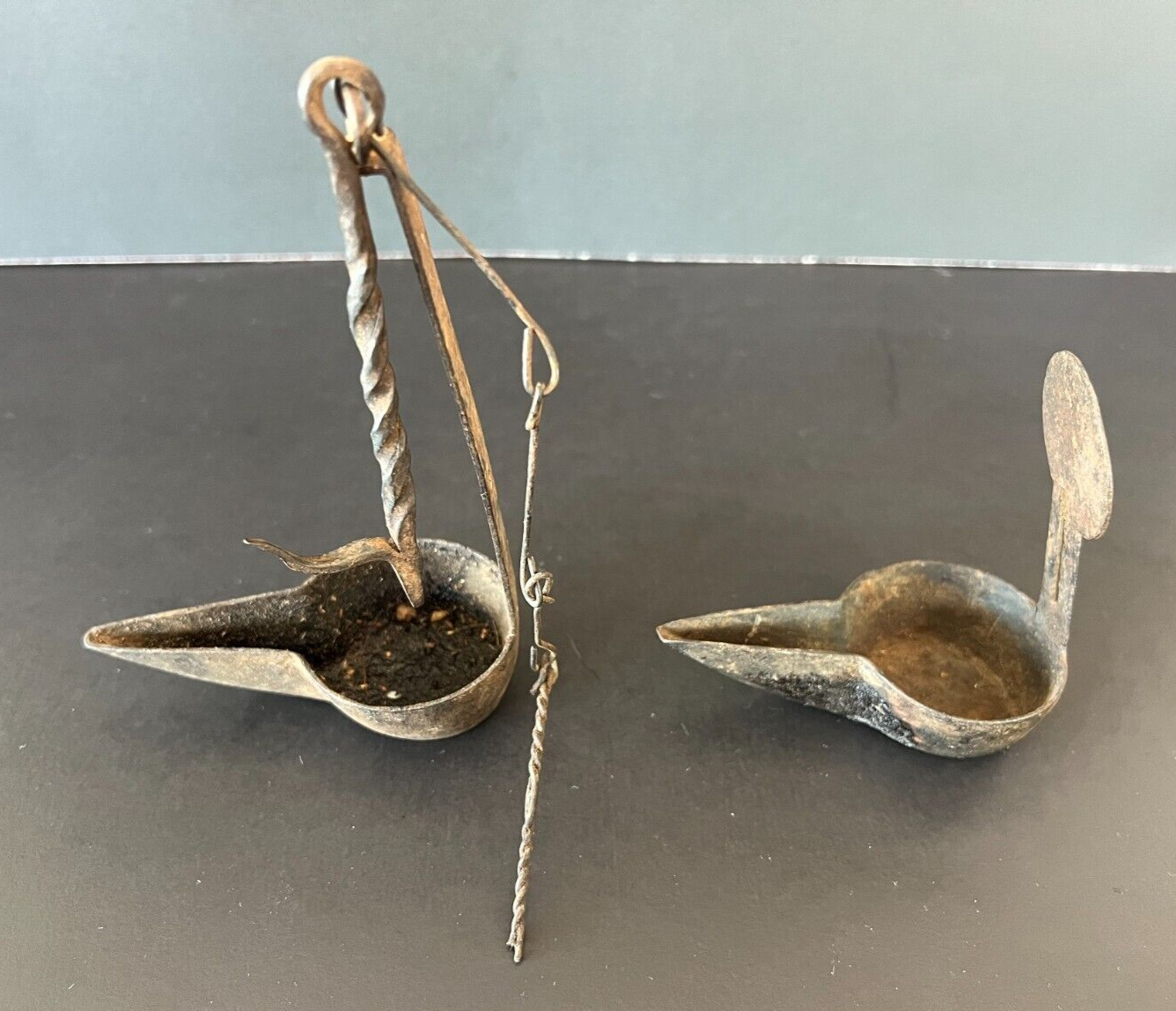 18th Century *stamped* Double Crusie Phoebe Whale Oil Grease Lamp w/ Hook & Tool