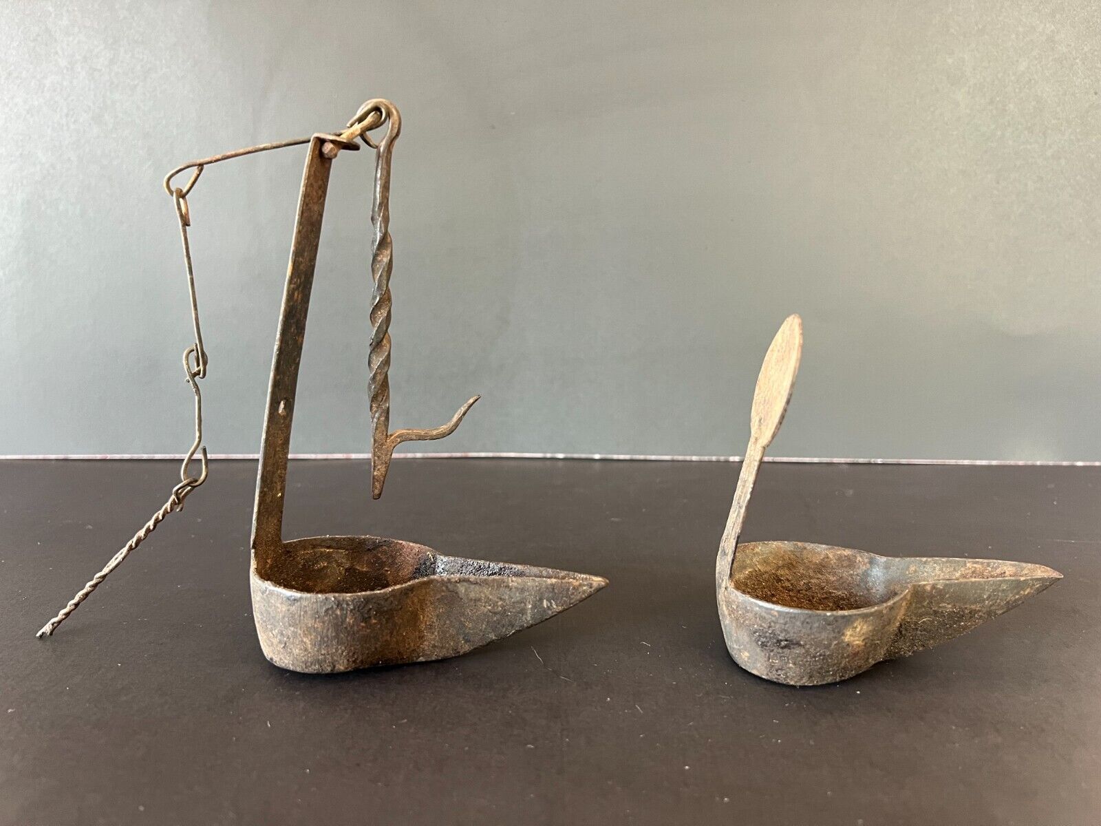 18th Century *stamped* Double Crusie Phoebe Whale Oil Grease Lamp w/ Hook & Tool