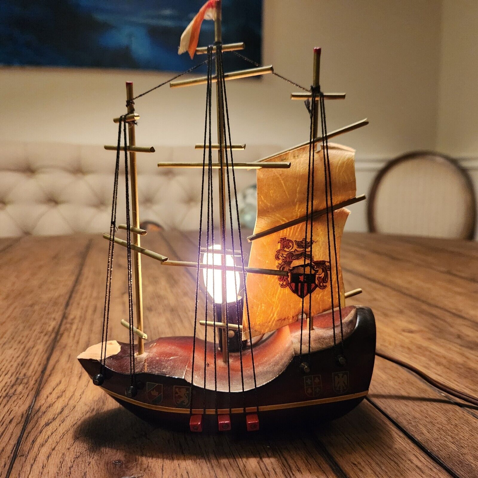 Wooden Conquistador Dutch 1700s Vtg Antique Wooden Ship Lamp 70s 2-Prong Holland