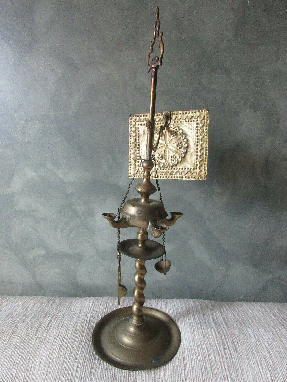 Antique Whale Oil Lamp 4-Burner & Shield 1700s Colonial Brass George II *I THINK