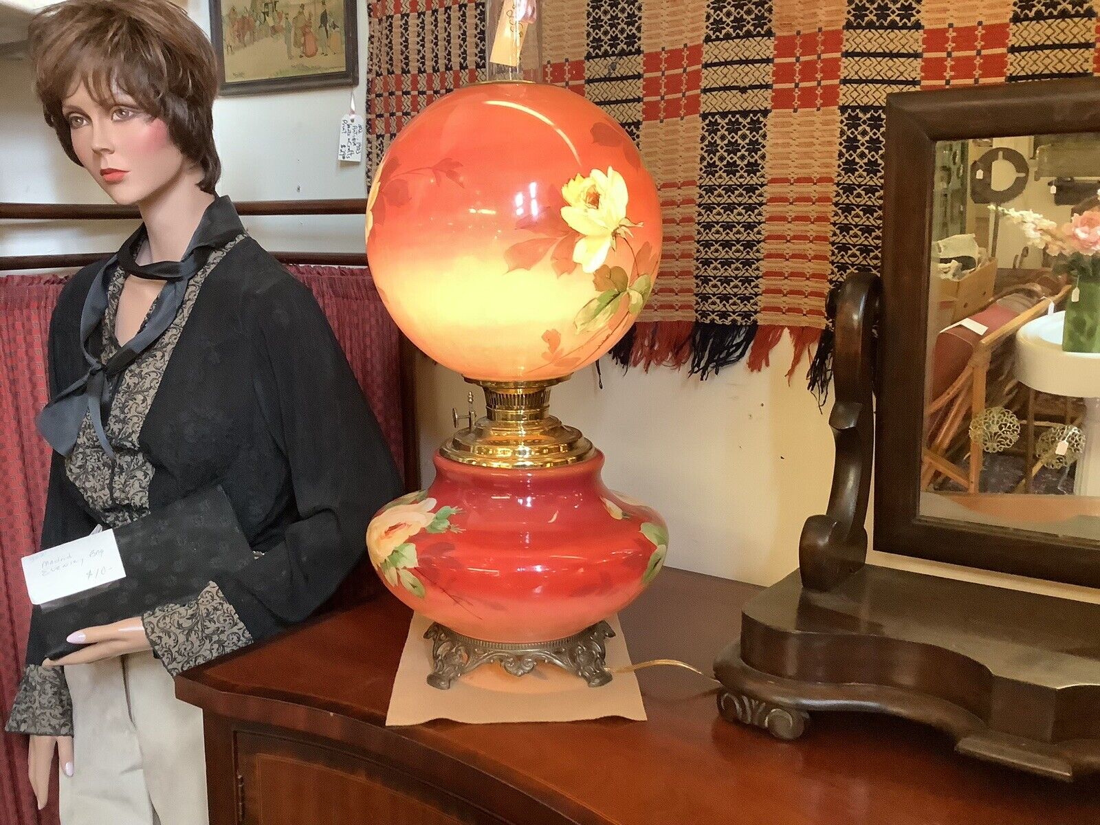 1800s Electrified Antique Oil Banquet Parlor Lamp GWTW Style 3 Way Switch Hand P