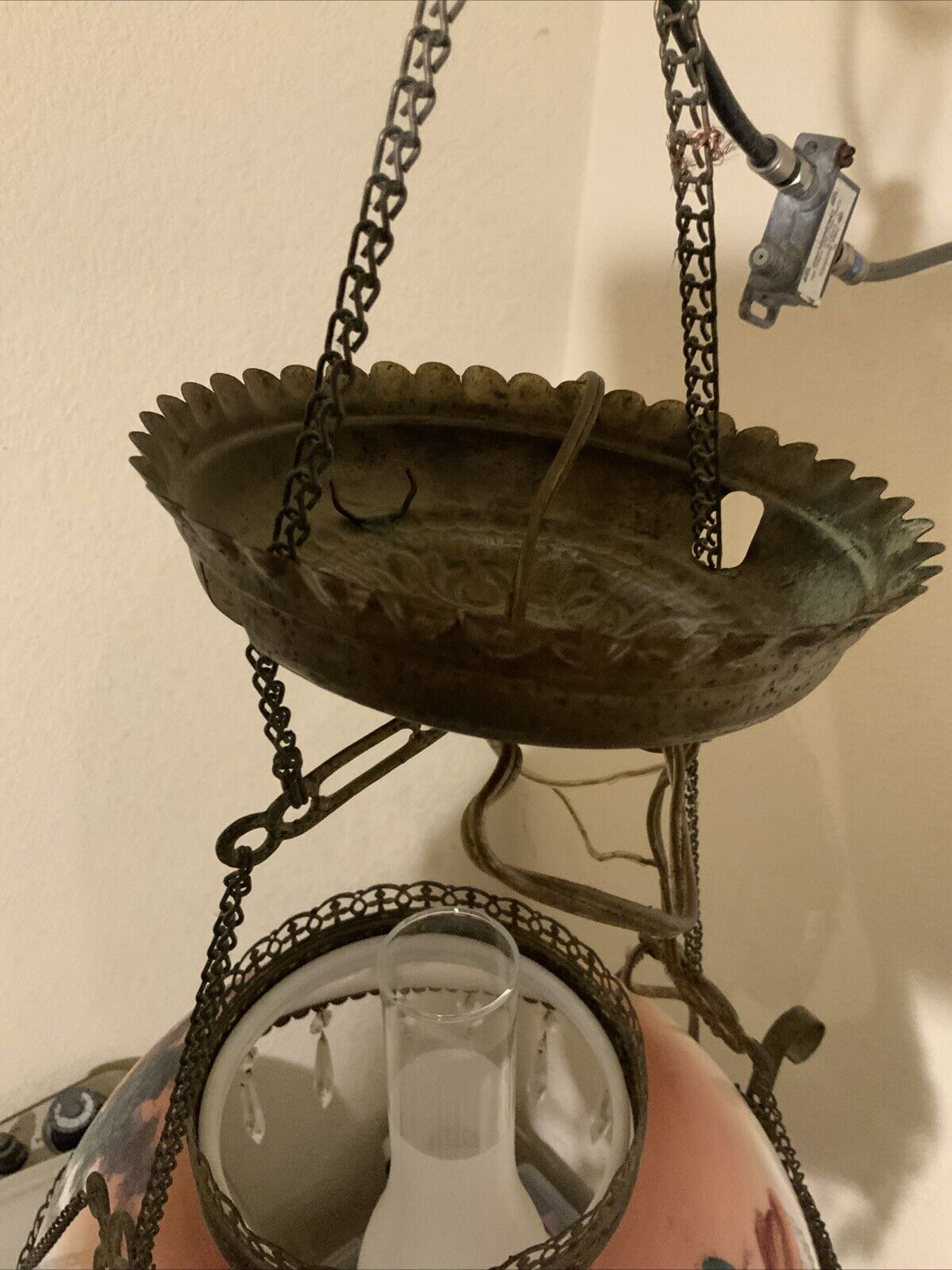 Vintage Antique Victorian Hanging Oil Parlor Library Lamp W/ Matching Font Shade