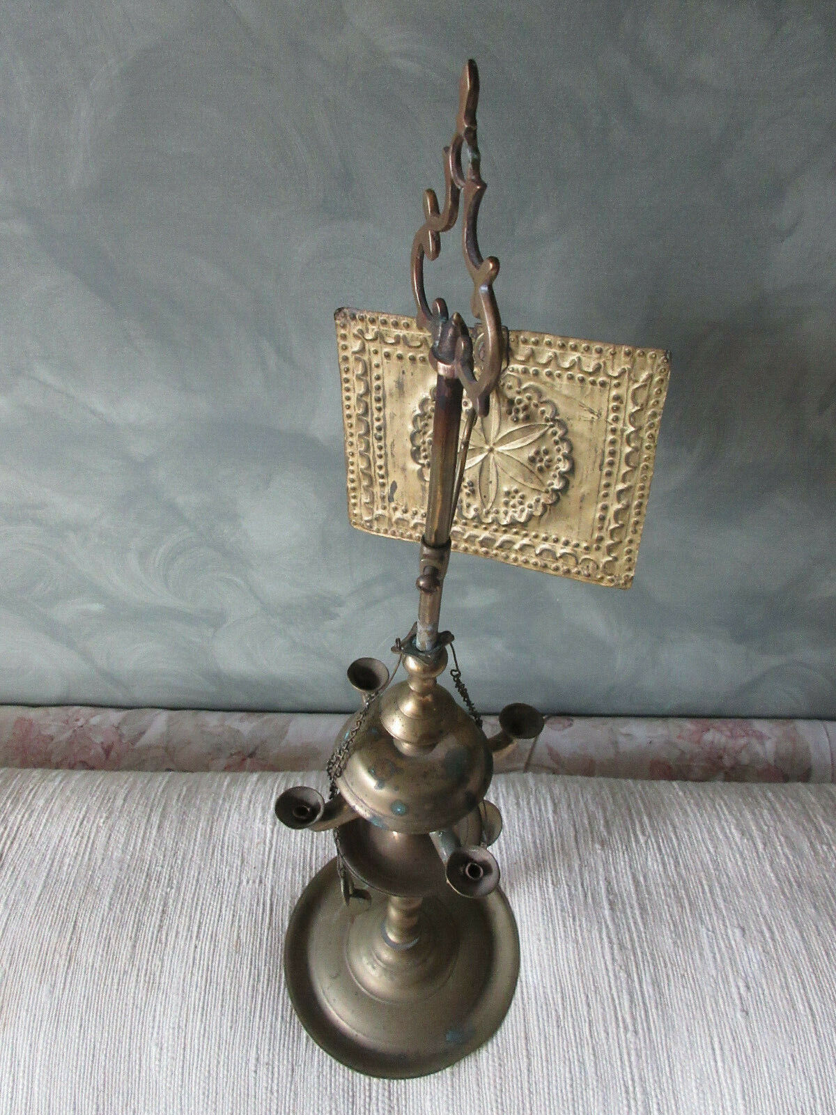 Antique Whale Oil Lamp 4-Burner & Shield 1700s Colonial Brass George II *I THINK