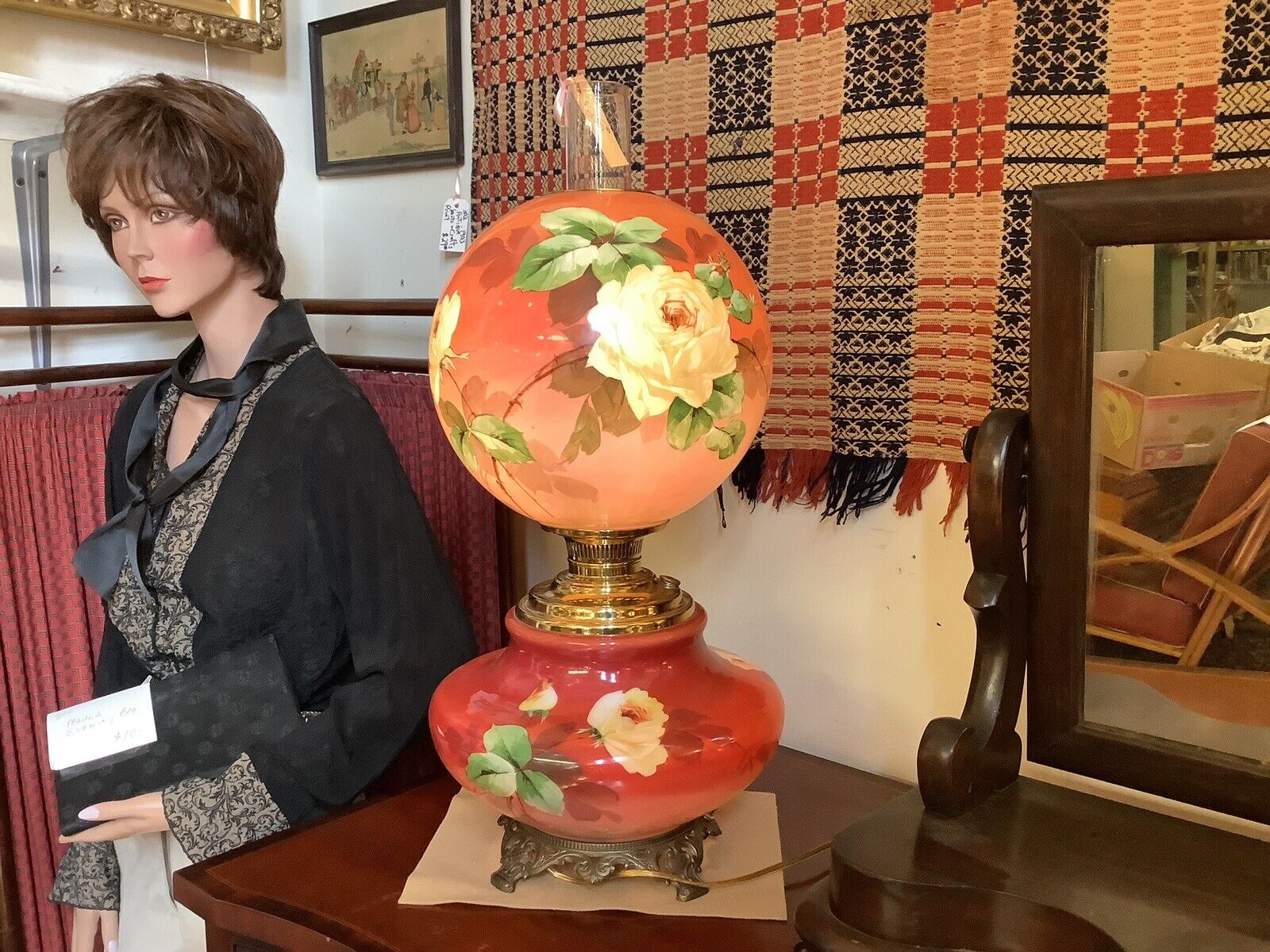 1800s Electrified Antique Oil Banquet Parlor Lamp GWTW Style 3 Way Switch Hand P