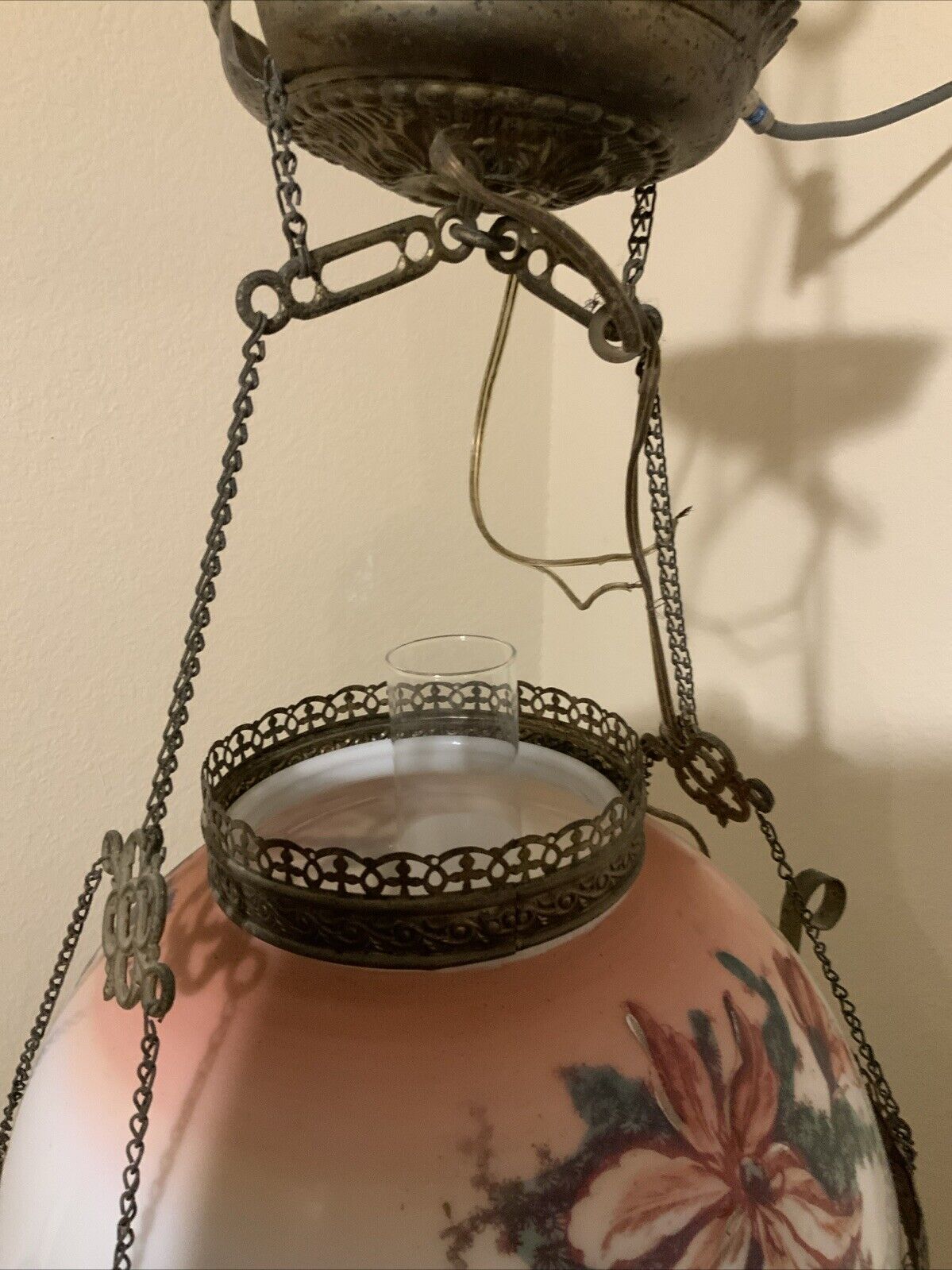 Vintage Antique Victorian Hanging Oil Parlor Library Lamp W/ Matching Font Shade