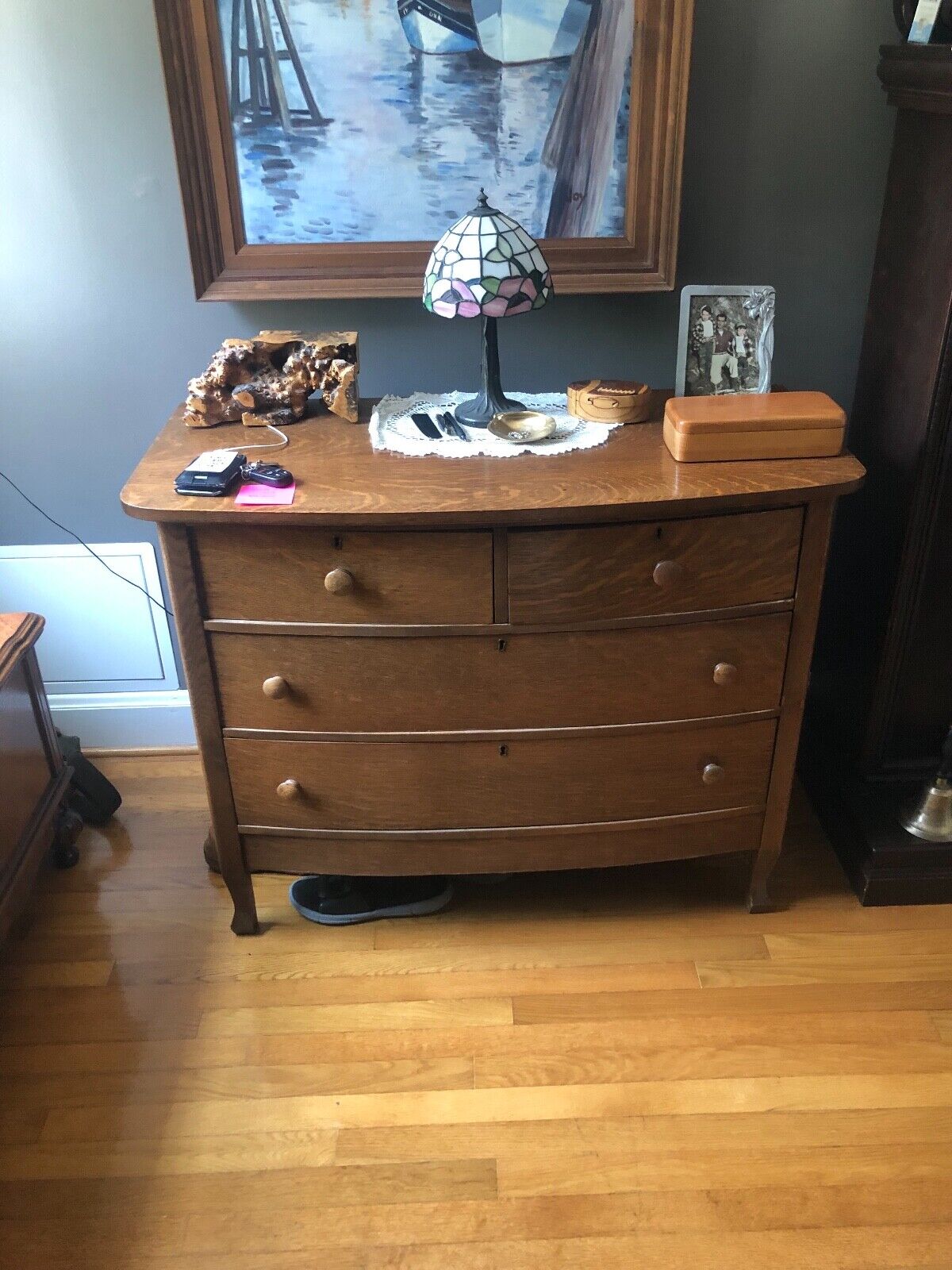 antique oak bedroom set, dark oak finish, raised legs, wardrobe can be disassemb