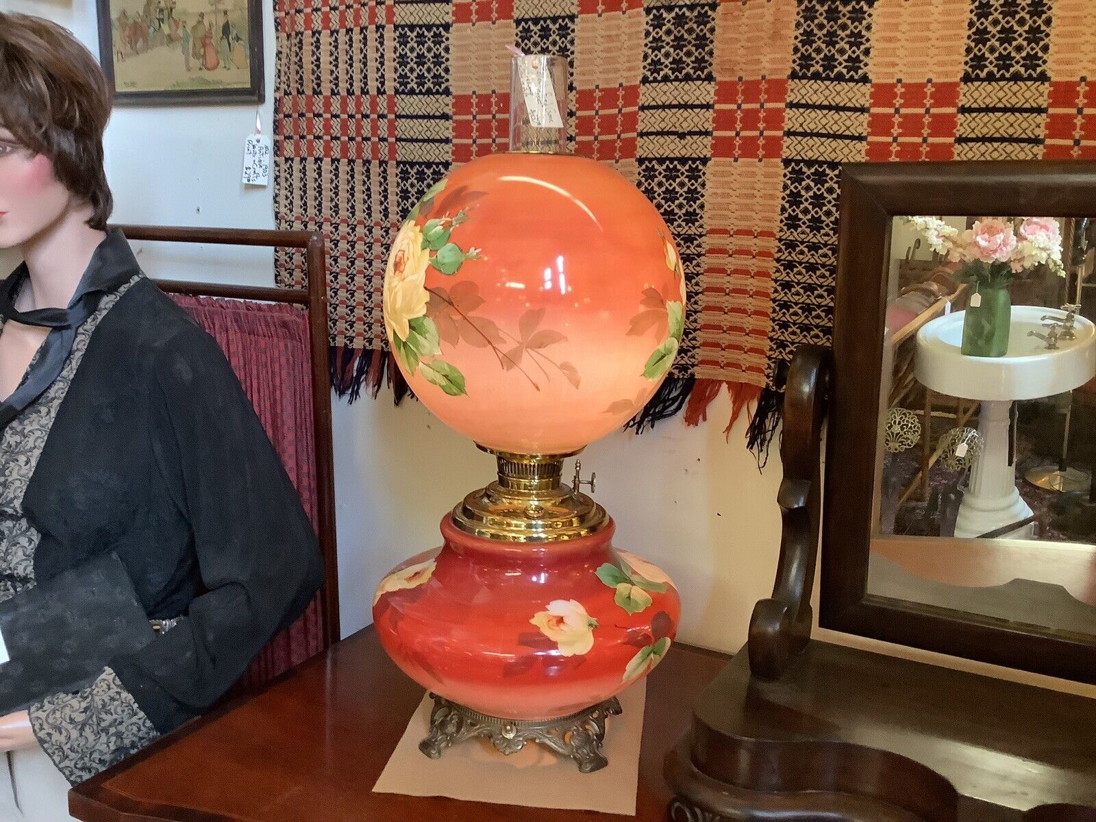 1800s Electrified Antique Oil Banquet Parlor Lamp GWTW Style 3 Way Switch Hand P