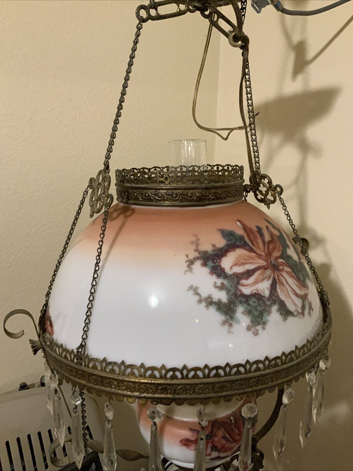 Vintage Antique Victorian Hanging Oil Parlor Library Lamp W/ Matching Font Shade