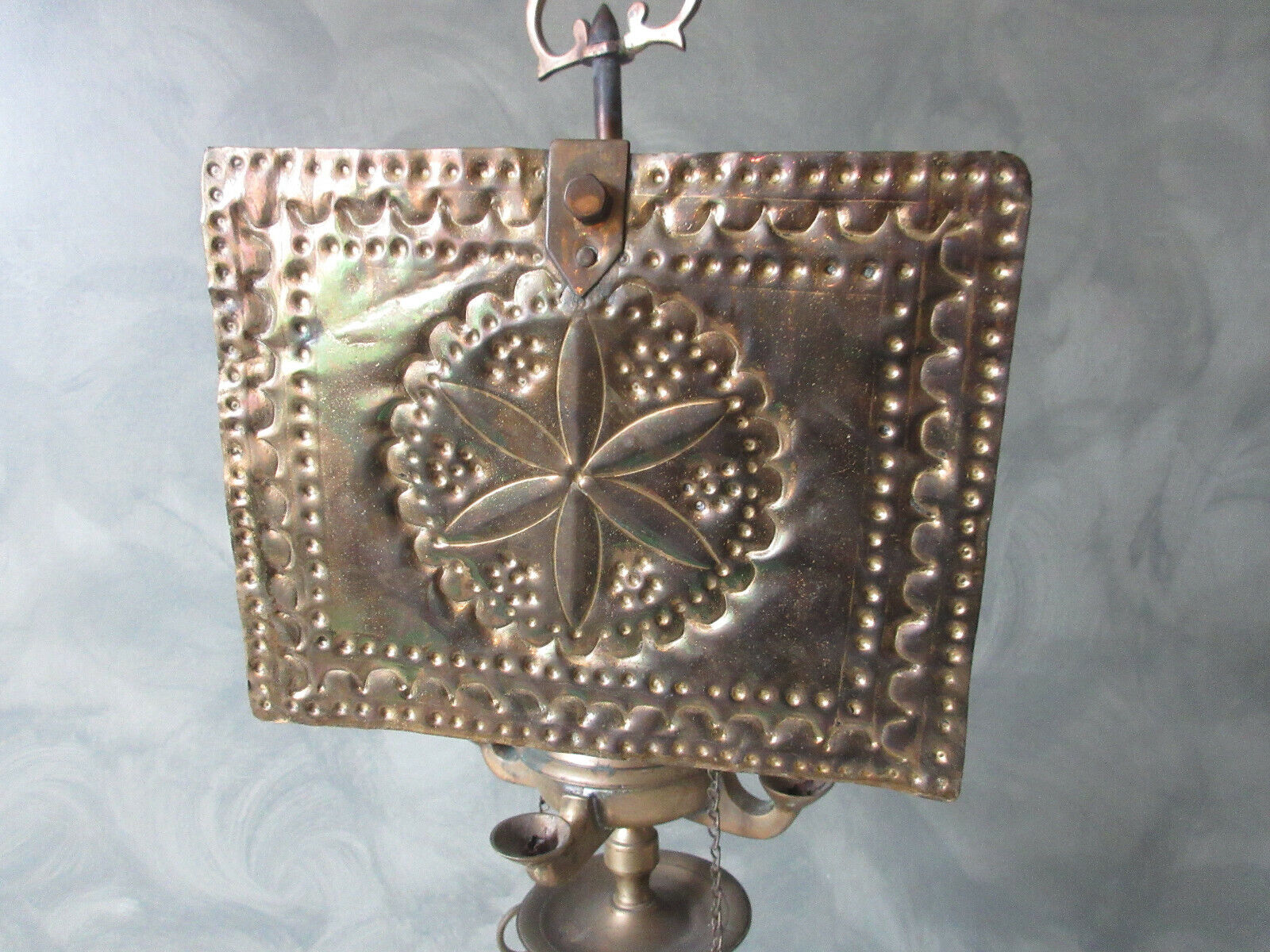 Antique Whale Oil Lamp 4-Burner & Shield 1700s Colonial Brass George II *I THINK