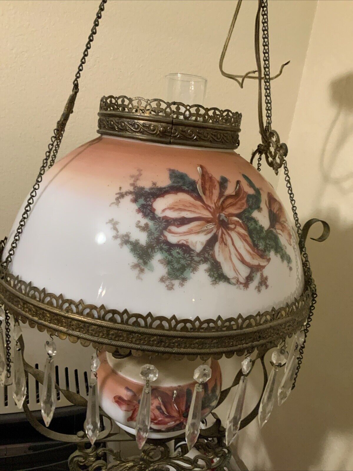 Vintage Antique Victorian Hanging Oil Parlor Library Lamp W/ Matching Font Shade