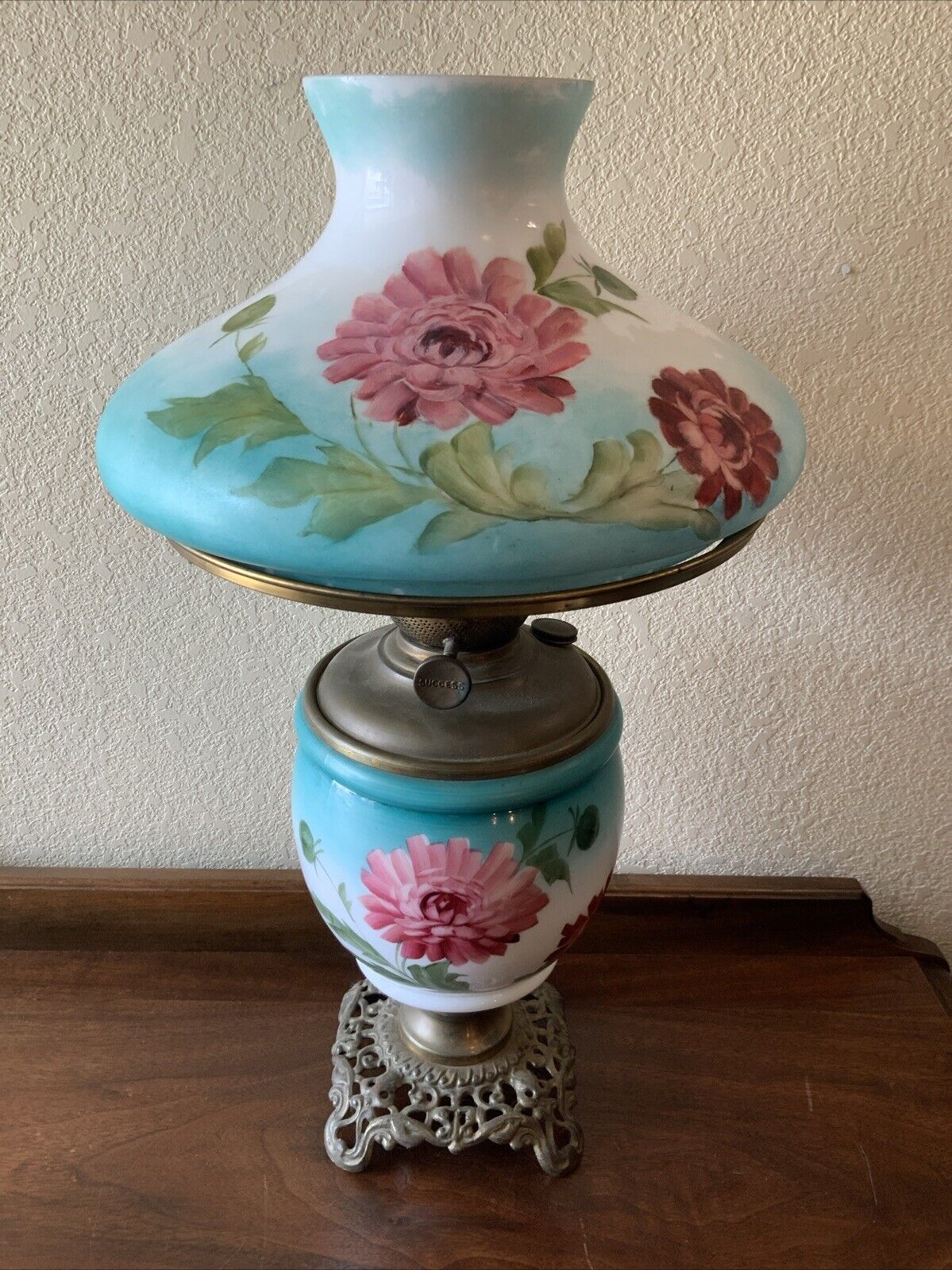 Vintage Antique Success Glass Flowers GWTW Banquet Parlor Hurricane Oil Lamp
