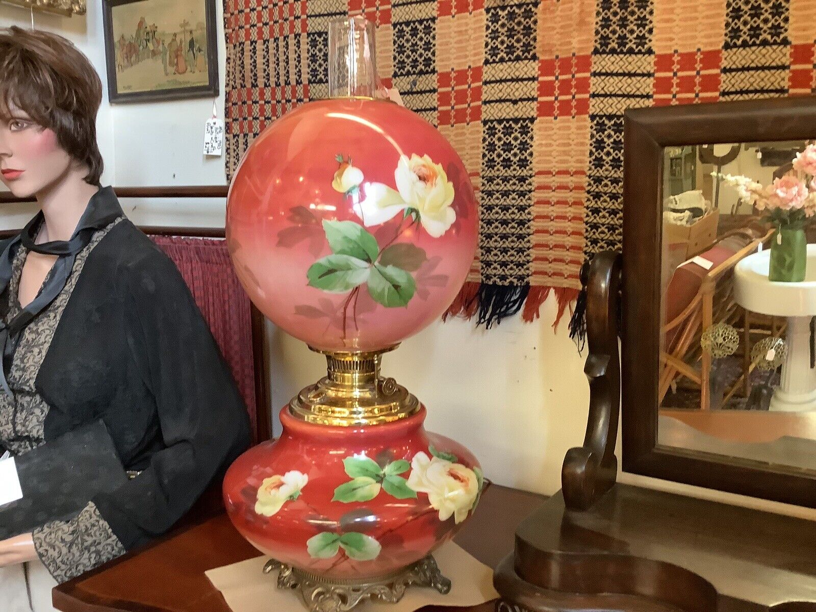 1800s Electrified Antique Oil Banquet Parlor Lamp GWTW Style 3 Way Switch Hand P