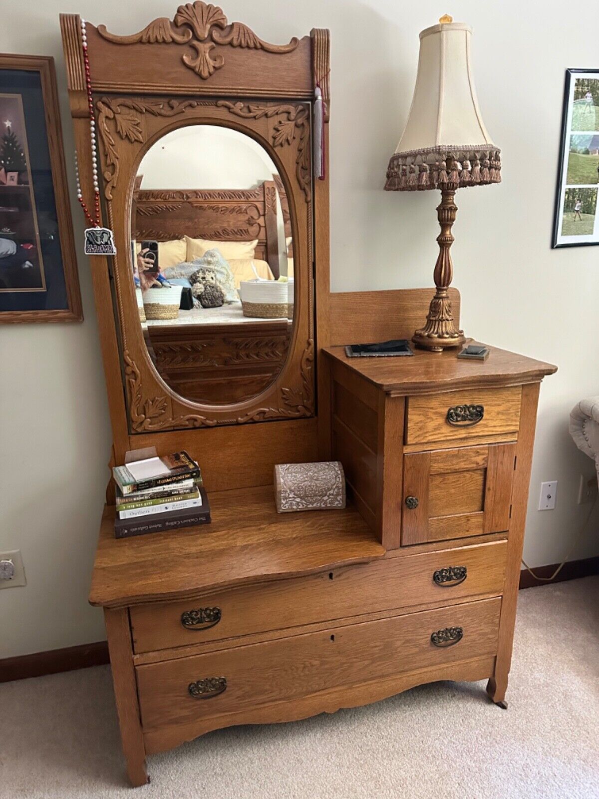 antique oak full size bedroom set with nightstand and dresser/mirror handmade  o