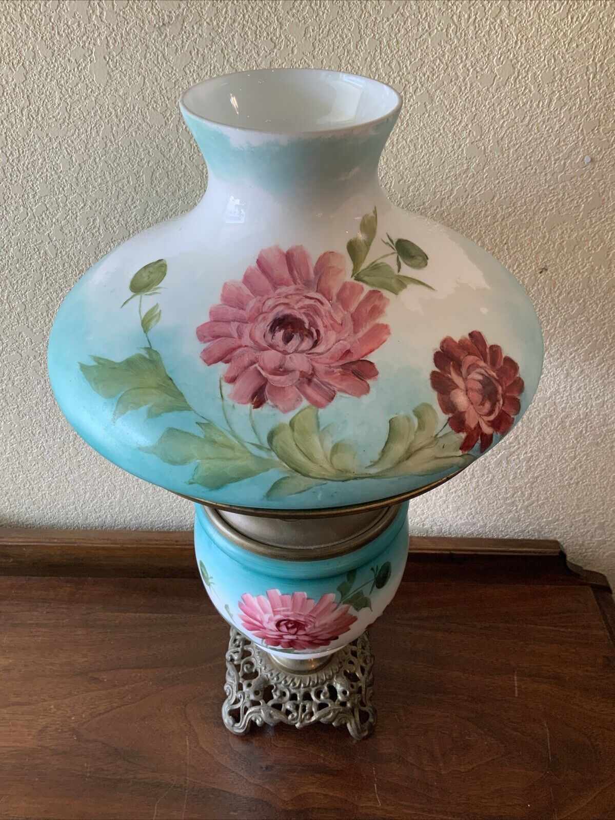 Vintage Antique Success Glass Flowers GWTW Banquet Parlor Hurricane Oil Lamp