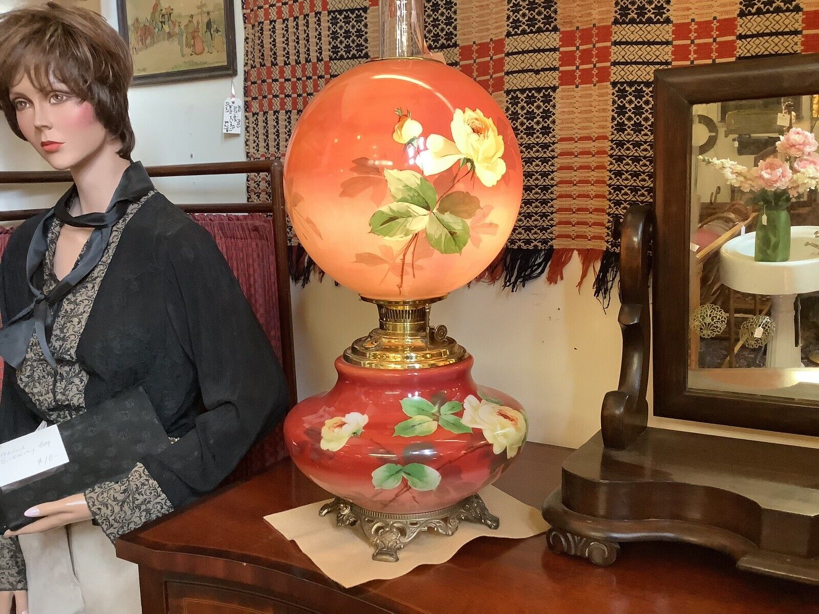 1800s Electrified Antique Oil Banquet Parlor Lamp GWTW Style 3 Way Switch Hand P