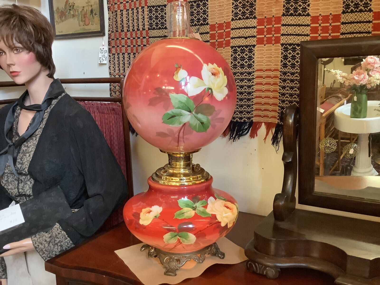 1800s Electrified Antique Oil Banquet Parlor Lamp GWTW Style 3 Way Switch Hand P