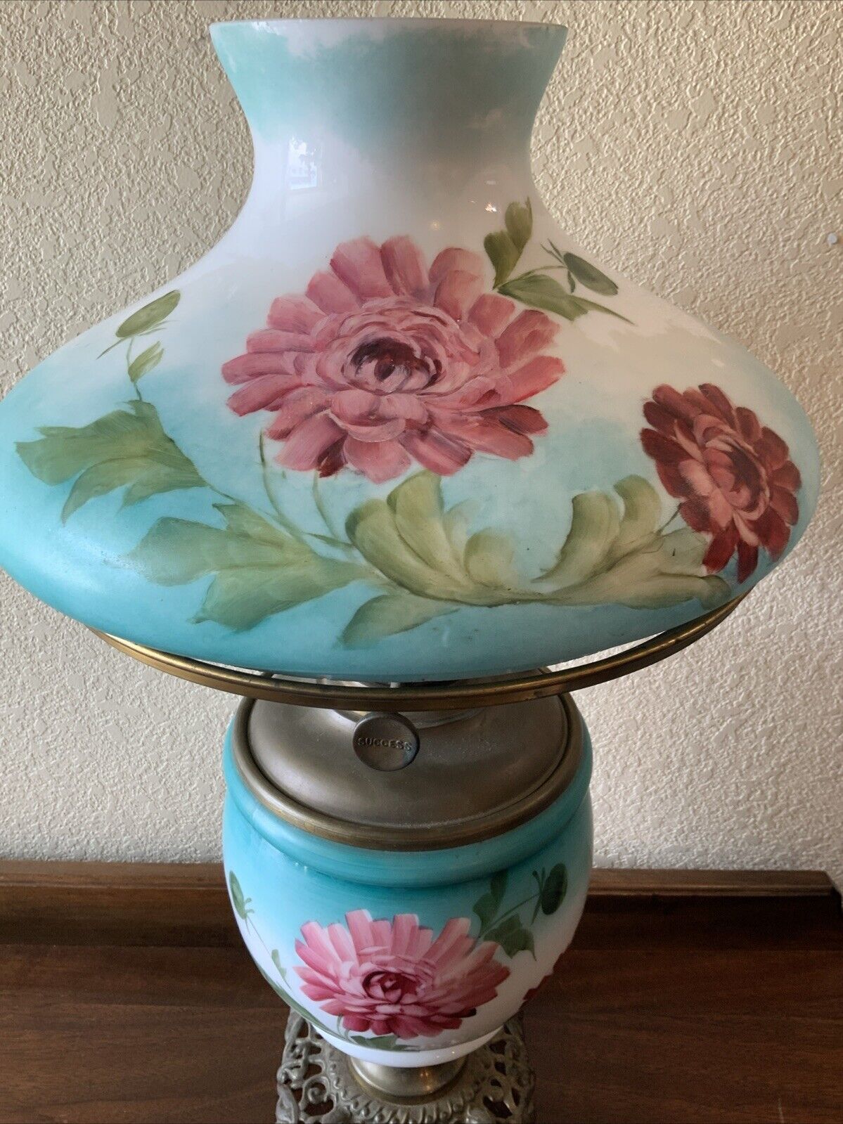 Vintage Antique Success Glass Flowers GWTW Banquet Parlor Hurricane Oil Lamp