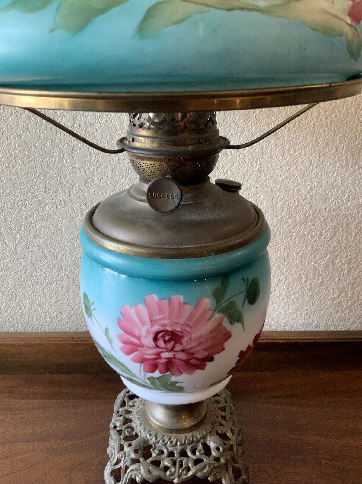Vintage Antique Success Glass Flowers GWTW Banquet Parlor Hurricane Oil Lamp