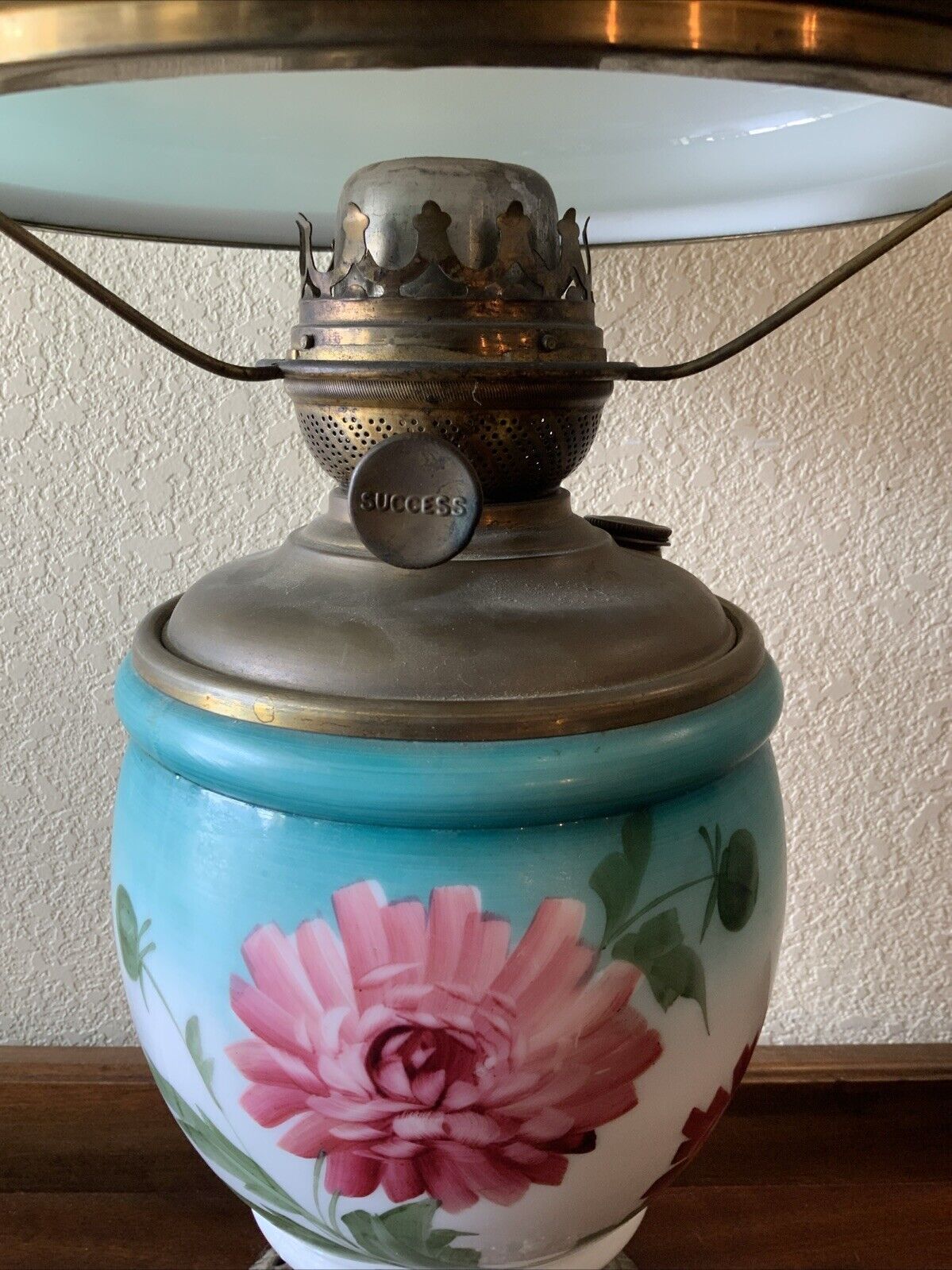 Vintage Antique Success Glass Flowers GWTW Banquet Parlor Hurricane Oil Lamp