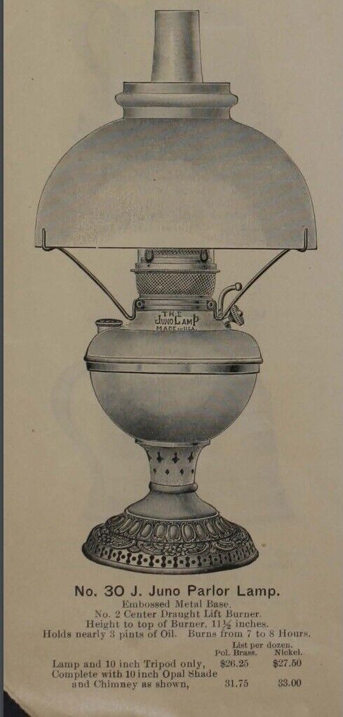 Antique The Juno Lamp No. 30 J. Juno Parlor 21" Lamp Shade Chimney Electrified