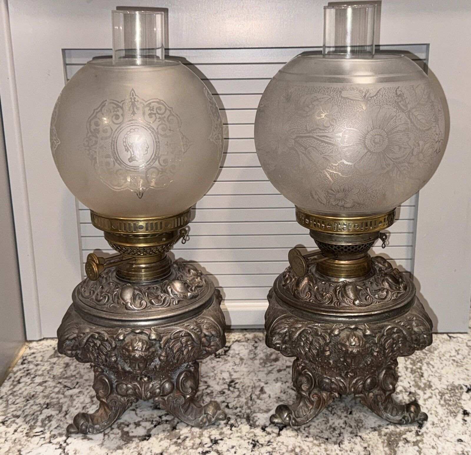 PAIR OIL LAMPS  1800’s C.H. McKenney & Co. Boston MA Victorian Parlor Lamps