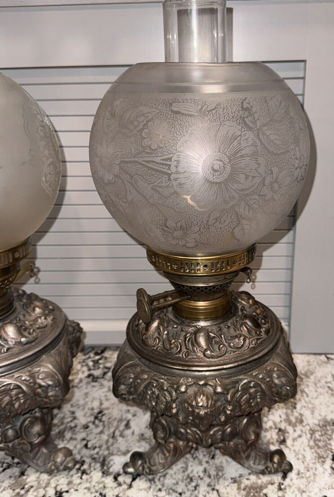 PAIR OIL LAMPS  1800’s C.H. McKenney & Co. Boston MA Victorian Parlor Lamps