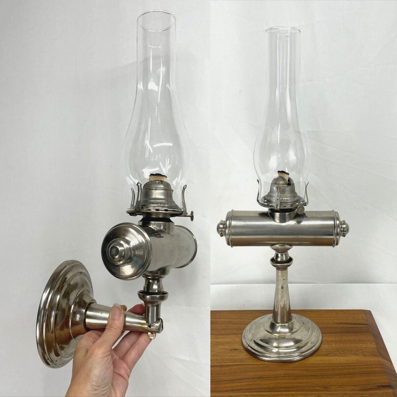 Antique 1879 WALL OR TABLE Oil Lamp Victorian Art Deco Lincoln Log Nickel Vtg