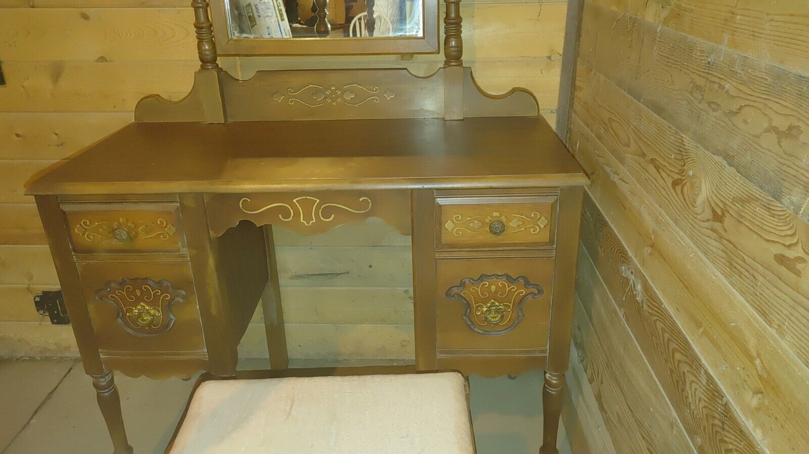 Antique 4 pc Bedroom Set Poster Bed, Dresser, Dressing Table Mirror Bench, c1910