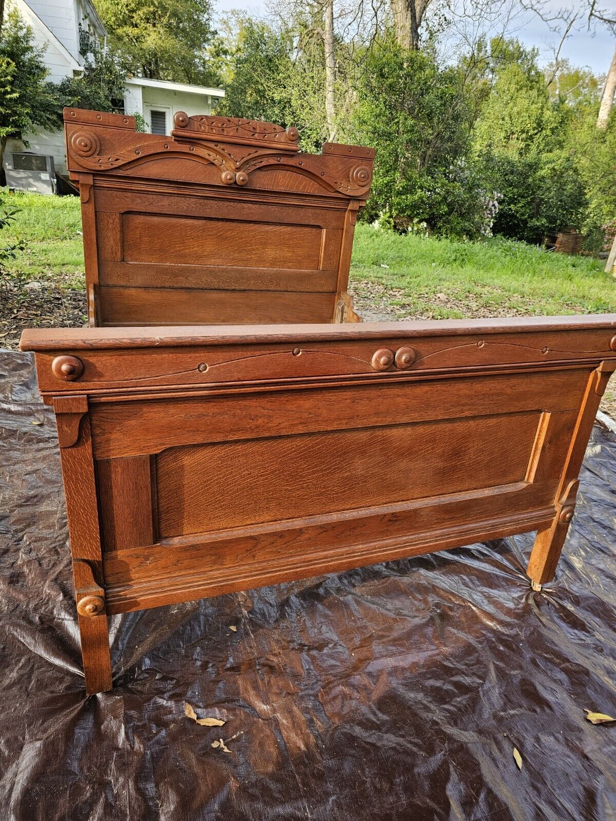 Antique Victorian Full Double Heavy Carved Quarter Sawn Oak Ornate Bedroom Set