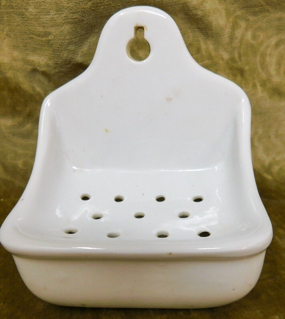 Antique White Ceramic Bathroom Wall Mount Soap Dish #2077 Pierced for Drip / Dry