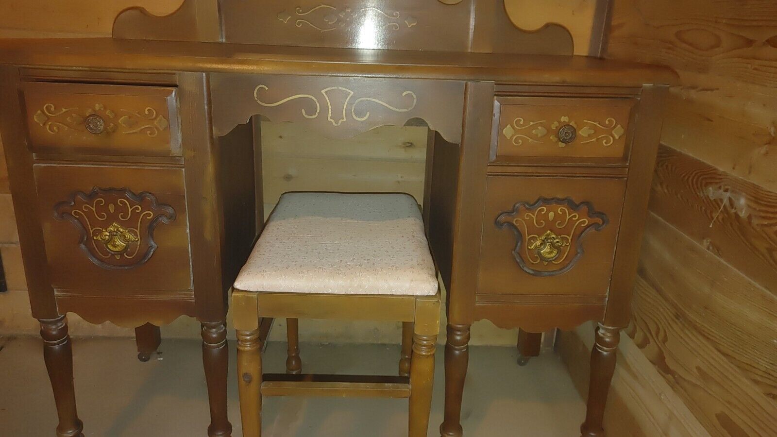 Antique 4 pc Bedroom Set Poster Bed, Dresser, Dressing Table Mirror Bench, c1910