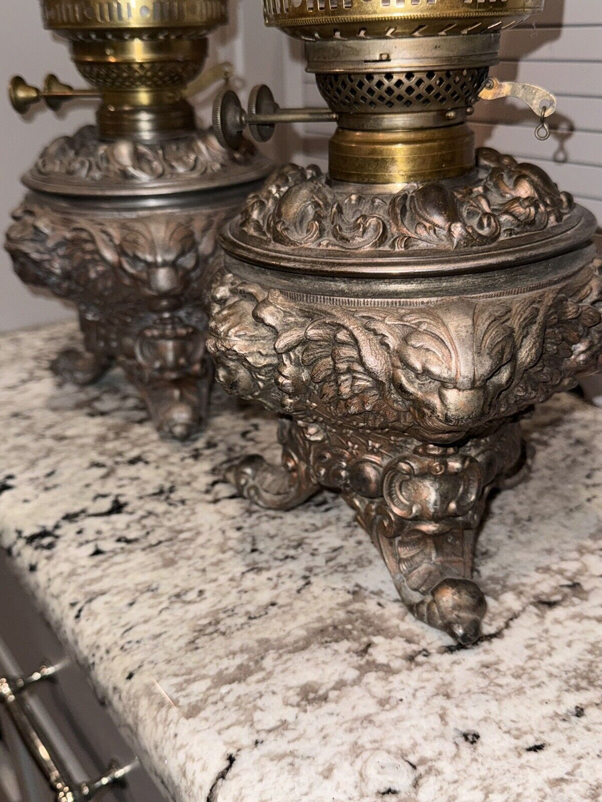 PAIR OIL LAMPS  1800’s C.H. McKenney & Co. Boston MA Victorian Parlor Lamps