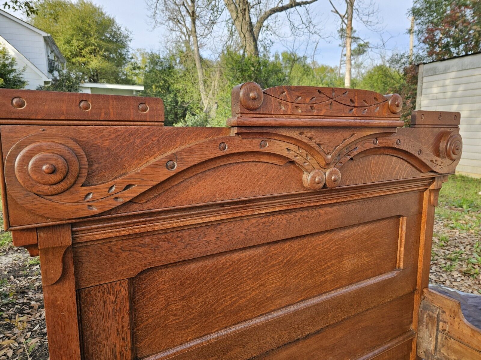 Antique Victorian Full Double Heavy Carved Quarter Sawn Oak Ornate Bedroom Set