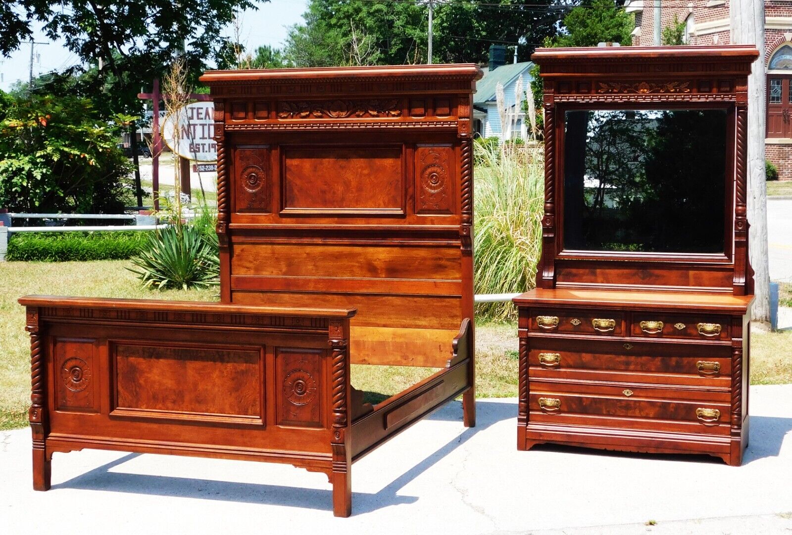 2 Piece Walnut Victorian Aesthetic Bed Room Set~~Bed~~Dresser