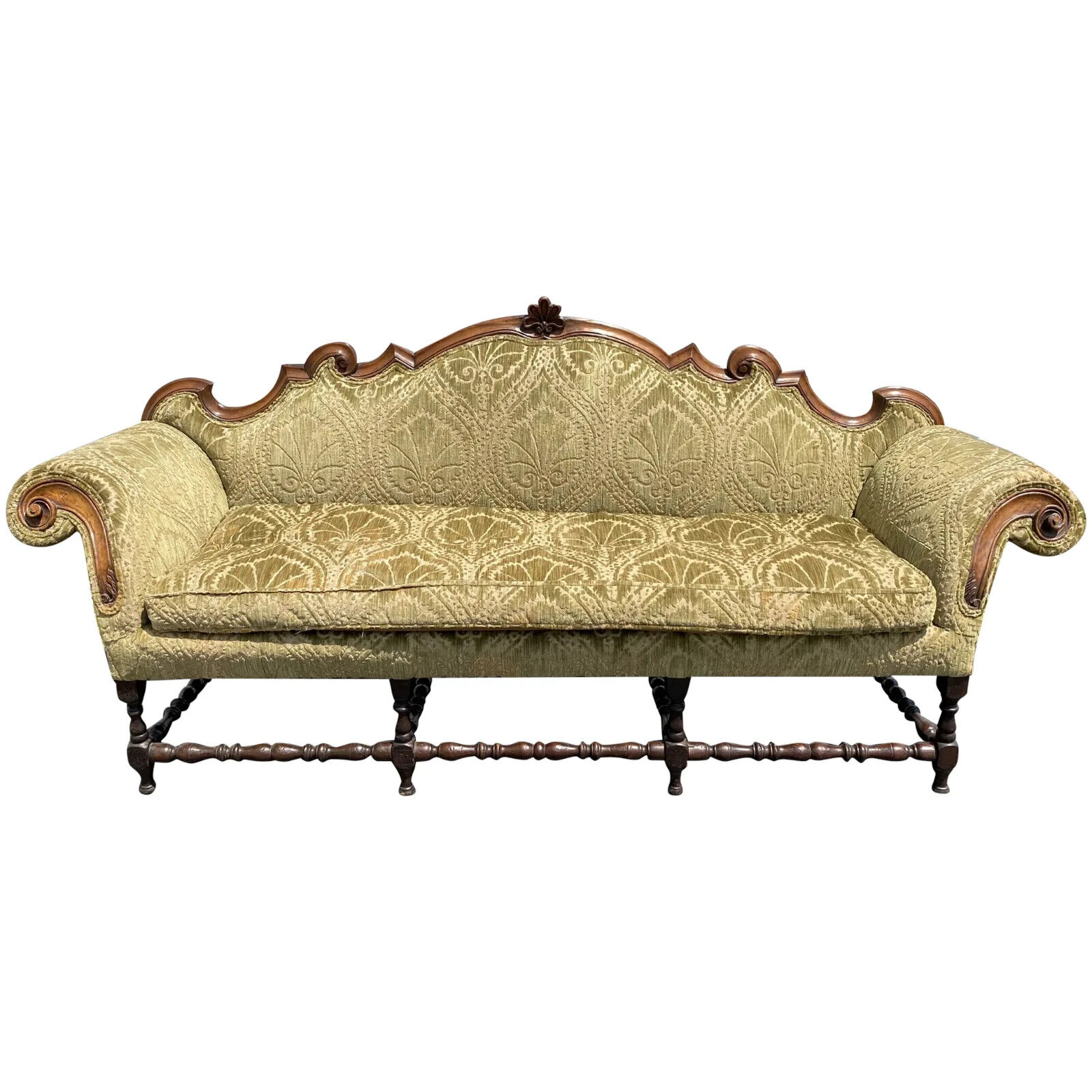 Spectacular 18th c Italian Carved Walnut Sofa Upholstered in Cut Velvet