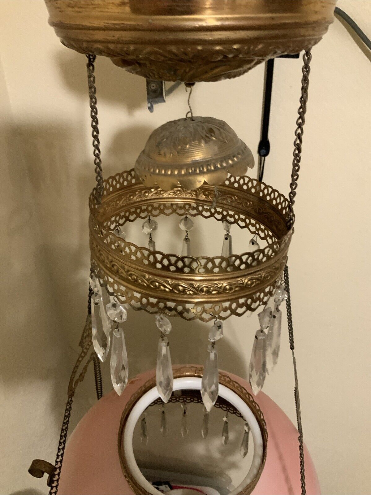 Vintage Antique Victorian Hanging Oil Parlor Library Lamp W/ Matching Font Shade