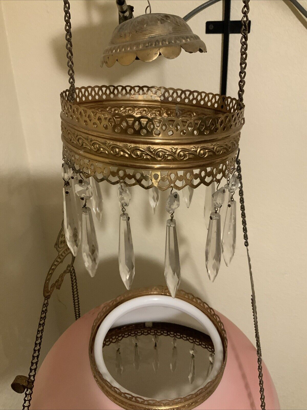 Vintage Antique Victorian Hanging Oil Parlor Library Lamp W/ Matching Font Shade