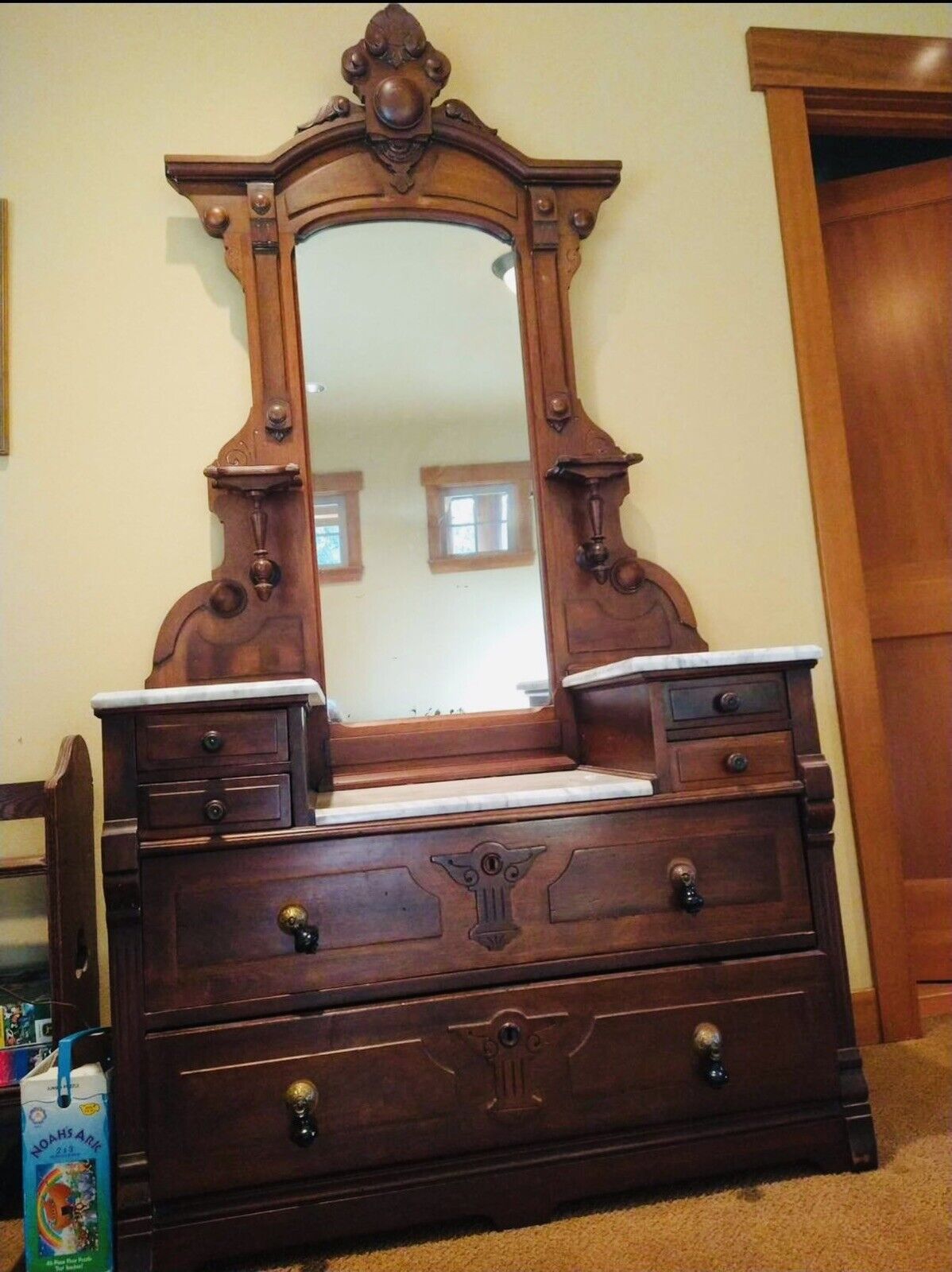 Antique Renaissance Revival Victorian Bedroom Set Headboard Footboard Dresser