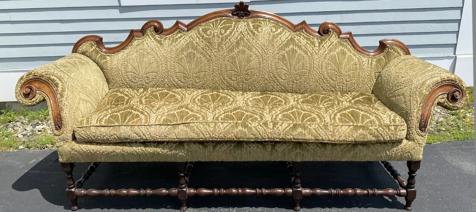 Spectacular 18th c Italian Carved Walnut Sofa Upholstered in Cut Velvet