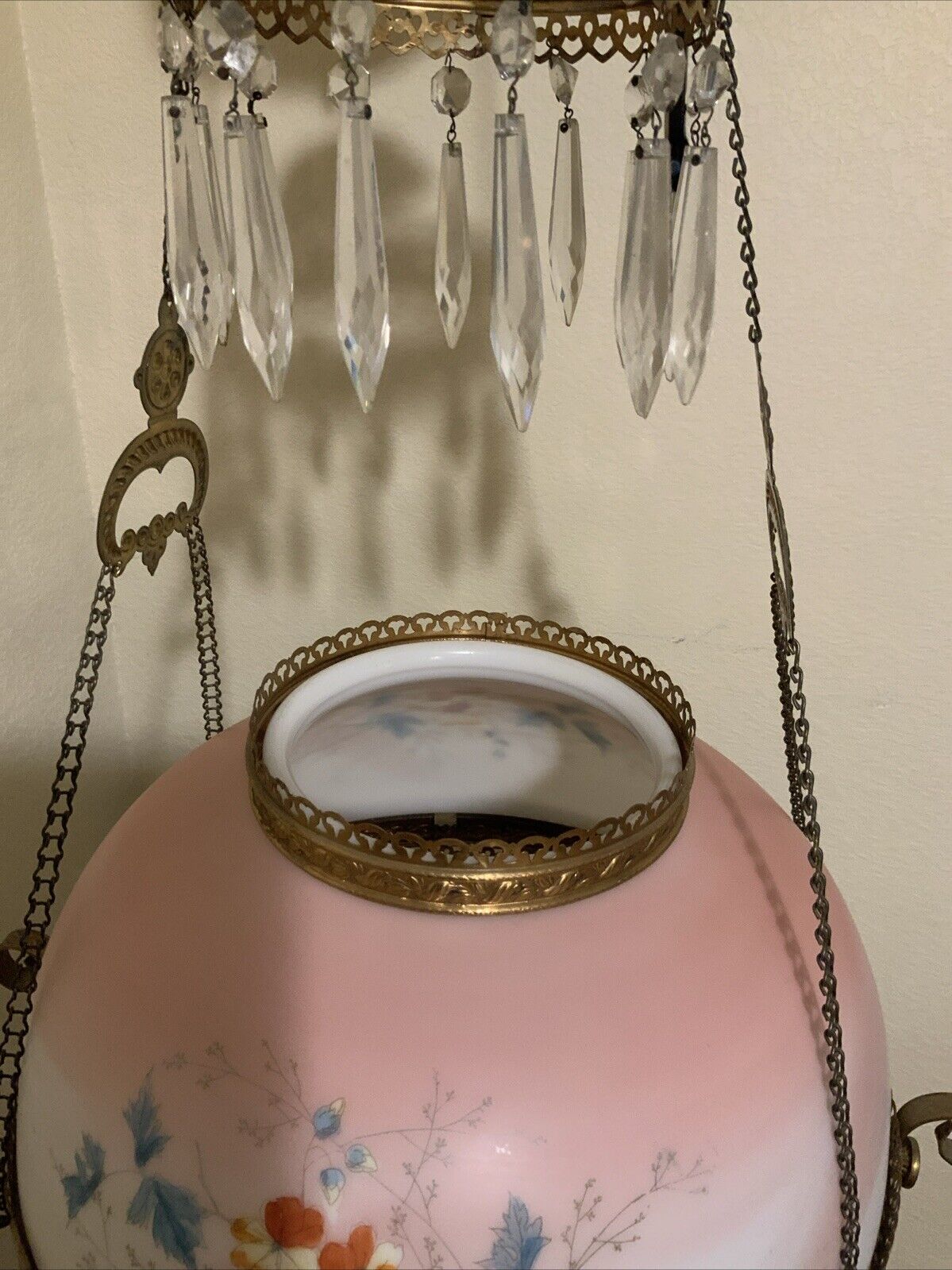 Vintage Antique Victorian Hanging Oil Parlor Library Lamp W/ Matching Font Shade