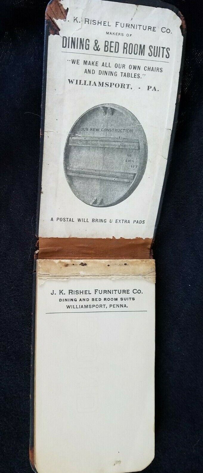 Old Ad Premium Memo Pad JK Rishel Furniture Williamsport Dining Bed Room Suits