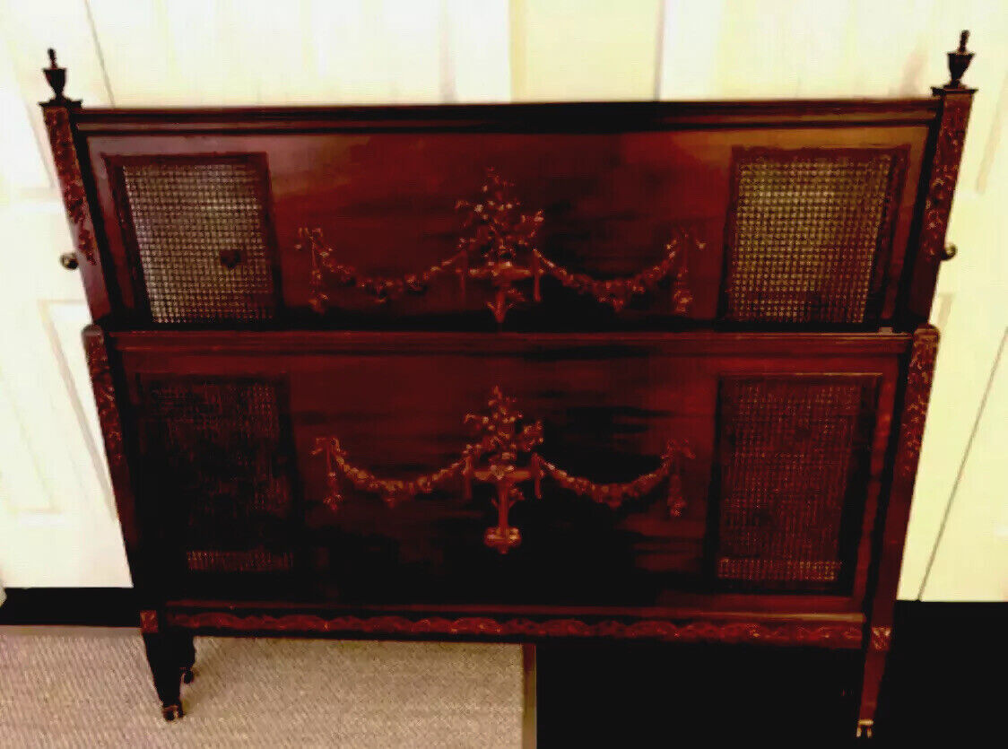 Vintage French Floral Ornate 1930’s Mahogany Caned 5 Piece Bedroom Set